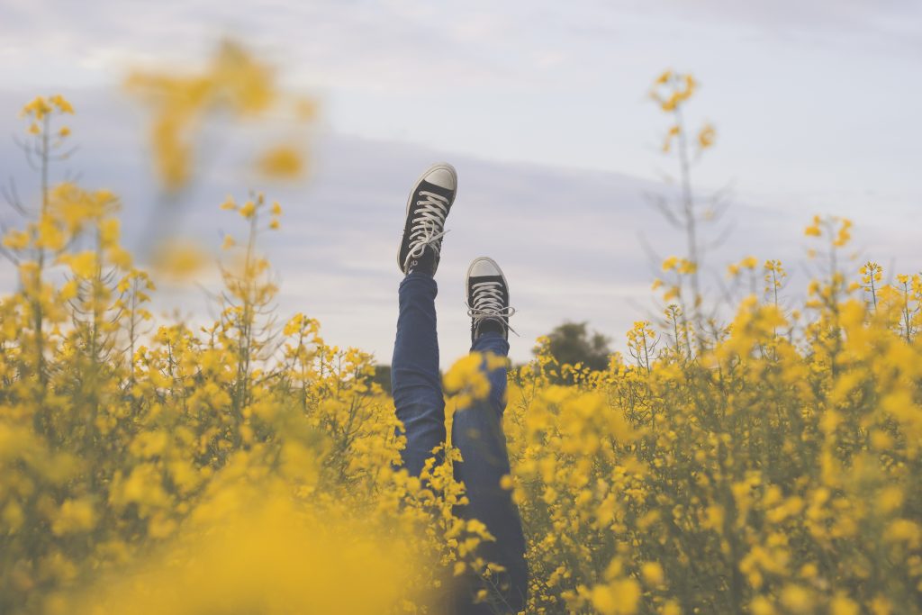 ultiem gevoel van vrijheid uitgebeeld door meisje op vakantie liggend in bloemenveld